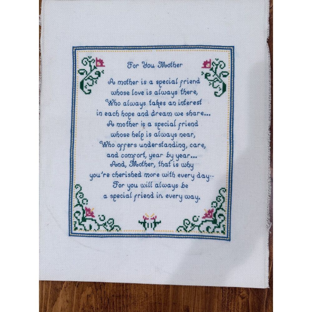 Vintage Handmade Cross Stitch “For You Mother” Poem Floral Needlework